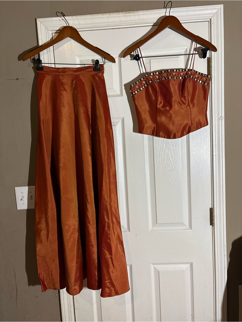 Collection B Rust Orange Satin Maxi Skirt with Embellished Crop Top